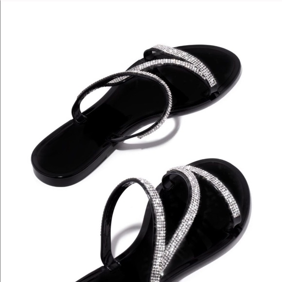Black Jelly Rhinestone Flat Sandals - Picture 4 of 7